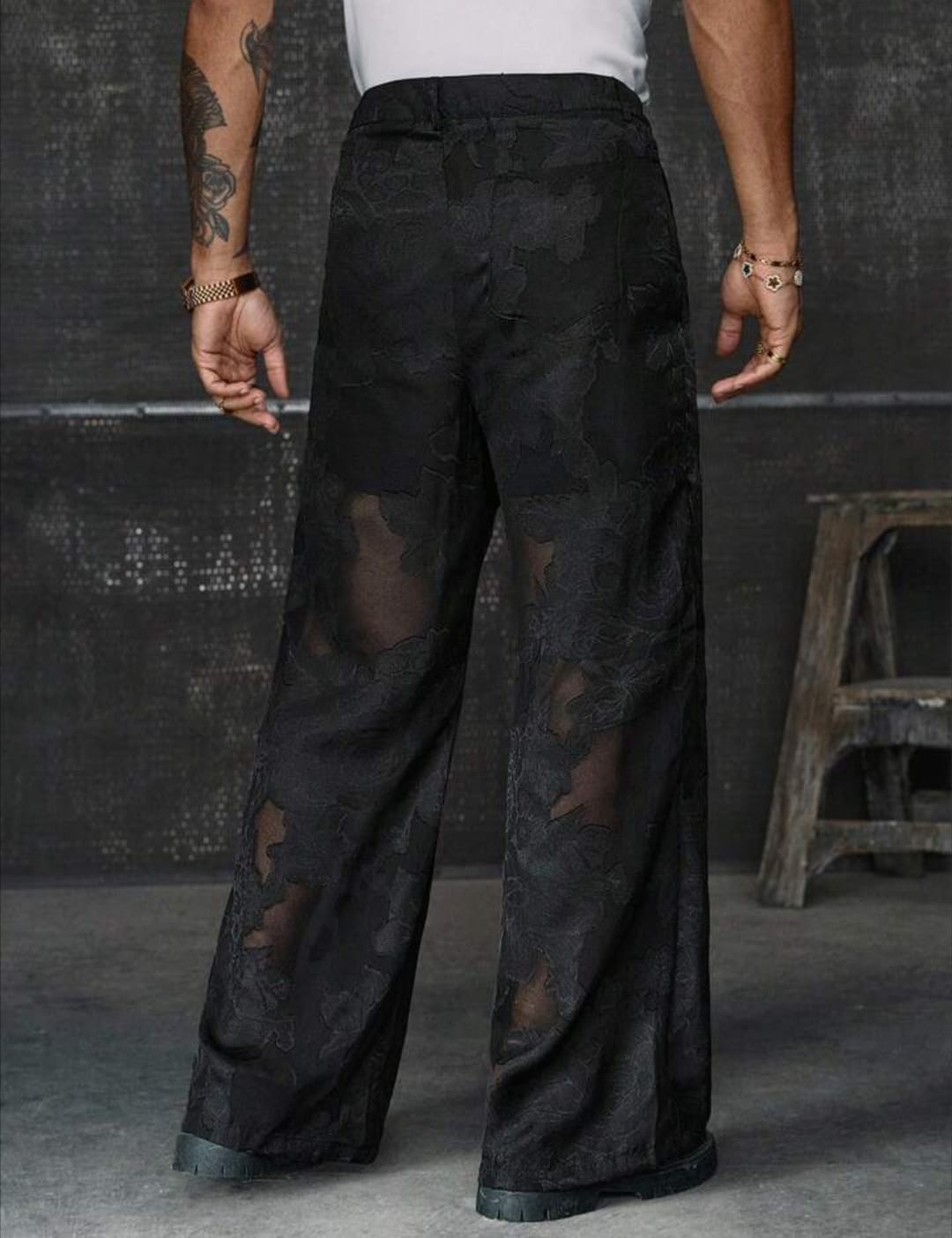 Men's Black Floral Sheer Wide-Leg Trousers – Elegant Mesh Statement Pants